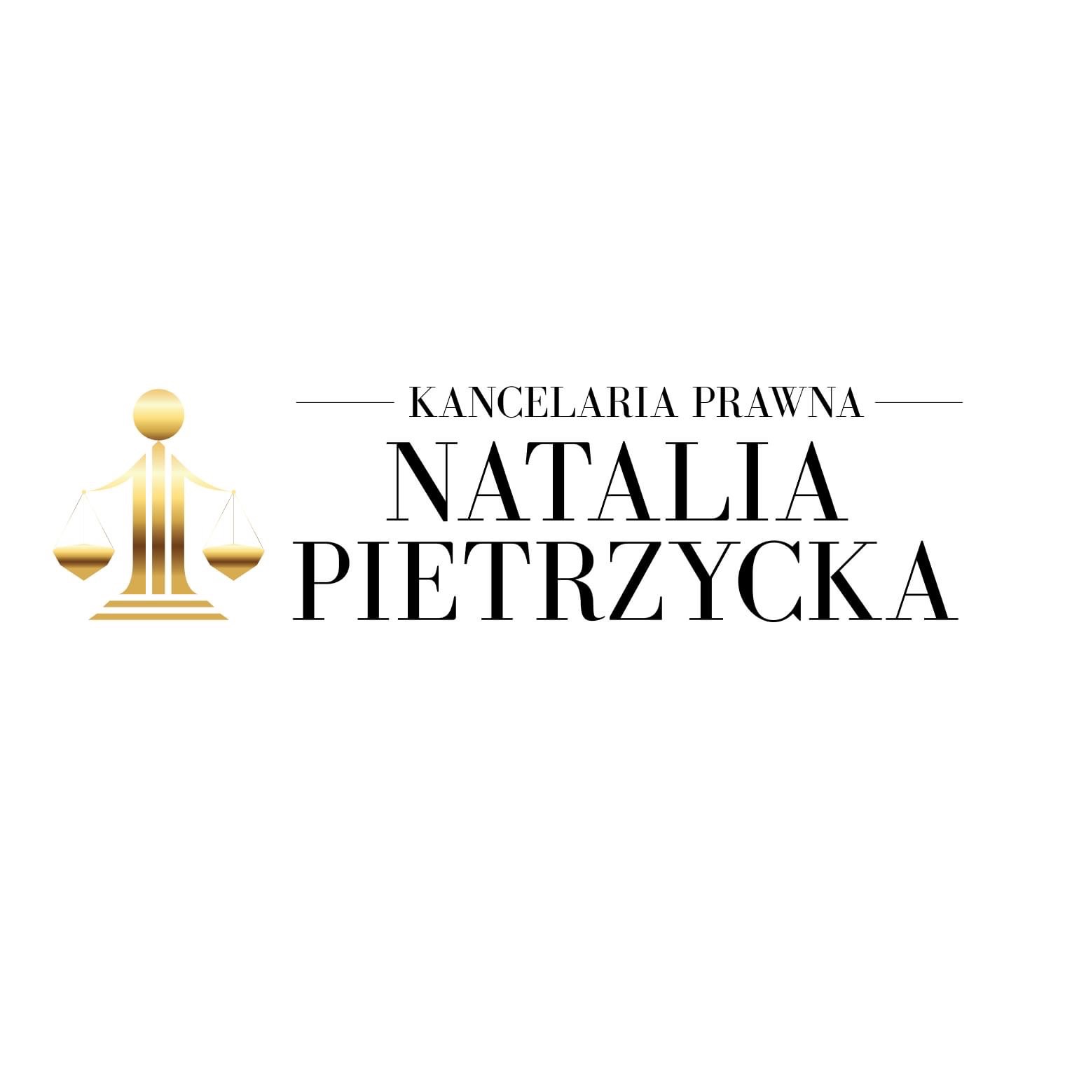 Złote wagi Temidy po lewej stronie nazwy Kancelarii Prawnej Natalia Pietrzycka na białym tle.