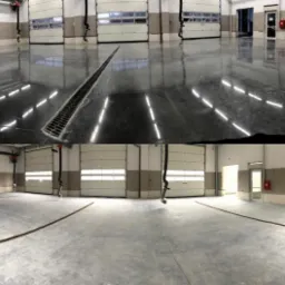 Wnętrze hali przemysłowej z gładką, szarą posadzką i systemem odprowadzania wody w postaci kratki ściekowej, widoczne bramy segmentowe z oknami i hydrant.