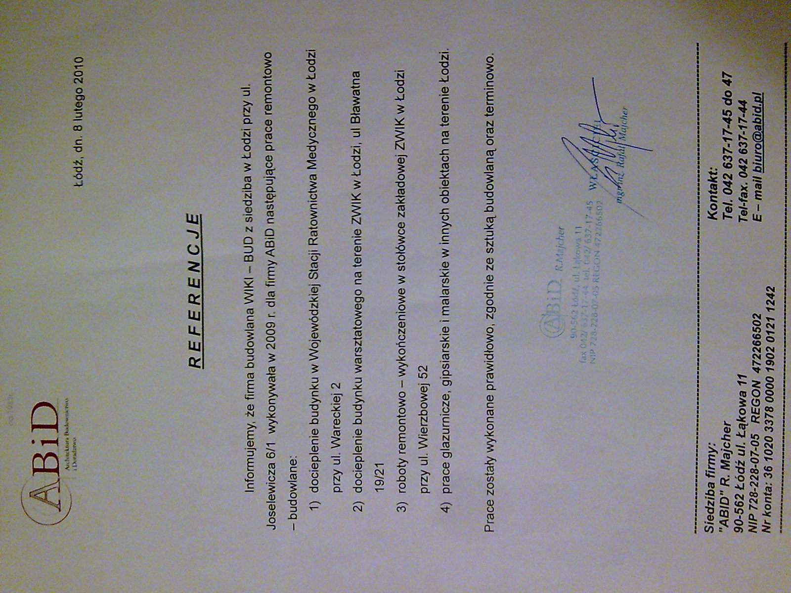 Skan referencji firmy ABID z Łodzi, potwierdzających wykonanie prac remontowo-budowlanych, w tym docieplenia i robót wykończeniowych. Dokument zawiera logo firmy, listę zrealizowanych projektów...