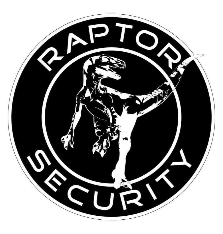 Czarno-białe logo przedstawiające sylwetkę raptora wewnątrz czarnego okręgu z napisem 'RAPTOR SECURITY' na obwodzie.