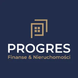 Logo firmy Progres Finanse & Nieruchomości na granatowym tle; stylizowany symbol domu z przesuniętą nakładką.