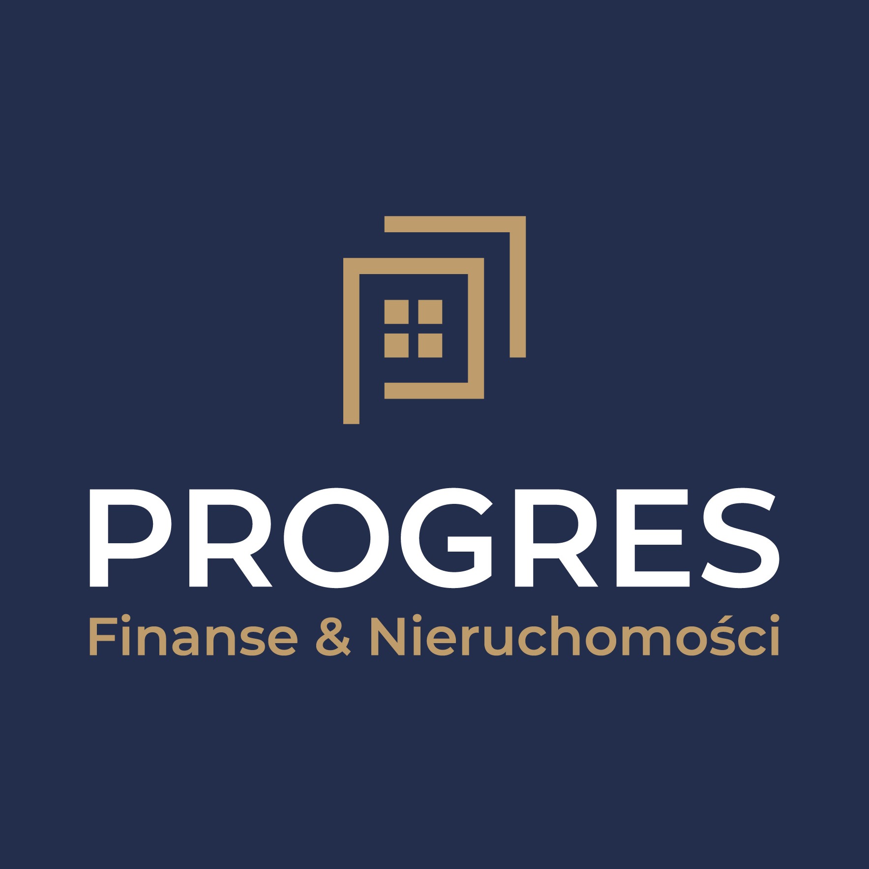 Logo firmy Progres Finanse & Nieruchomości na granatowym tle; stylizowany symbol domu z przesuniętą nakładką.