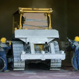 Dwóch pracowników w kombinezonach i maskach ochronnych czyści strumieniem ściernym tylną część gąsienicowego pojazdu budowlanego w hali przemysłowej.