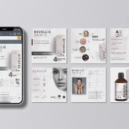 Grafika sprzedażowa produktu Revellie Skin Q na platformie Amazon, prezentująca opakowanie, składniki, efekty i korzyści produktu.