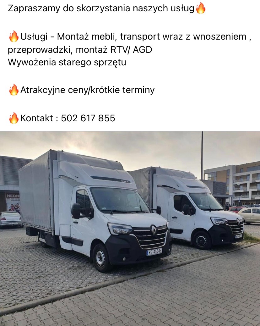 Dwa białe busy transportowe Renault Master z plandekami na parkingu przed budynkiem, z widocznymi numerami rejestracyjnymi WS 4554E, sugerujące usługi transportowe i przeprowadzkowe.