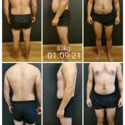 Mężczyzna prezentuje metamorfozę sylwetki: zestawienie zdjęć z przodu, z boku i z tyłu z datami 01.09.21 (83kg) i 06.10.21 (76kg), ukazujące redukcję wagi.