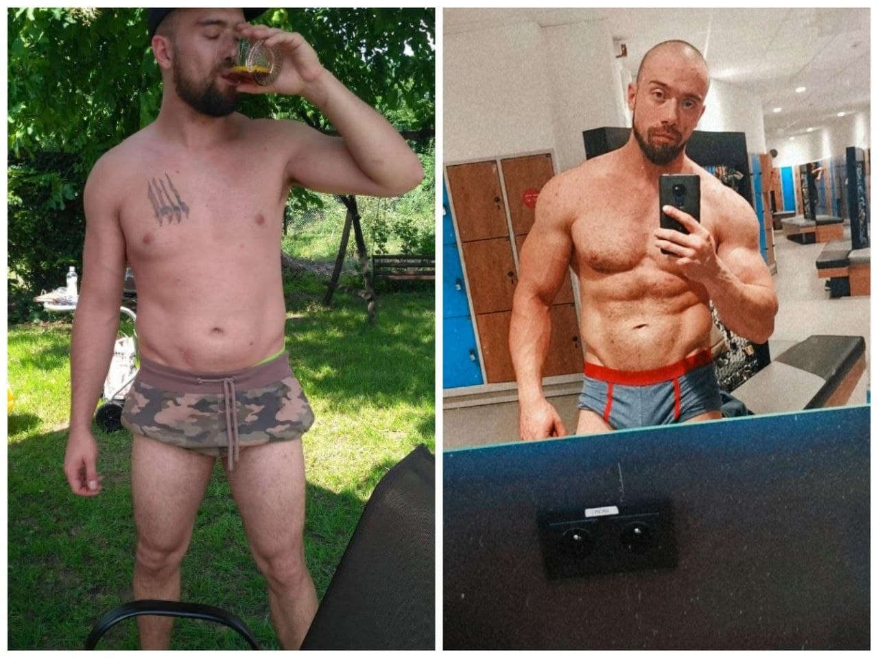 Mężczyzna pije drinka na zewnątrz, a następnie robi sobie selfie w lustrze w siłowni, prezentując swoją muskulaturę.