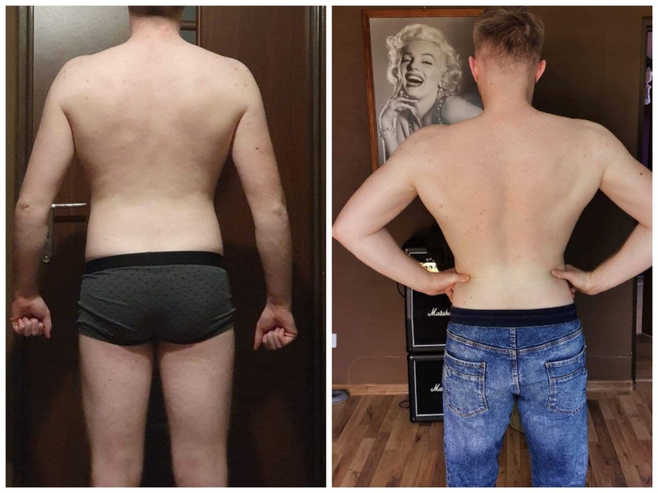 Porównanie sylwetki mężczyzny przed i po treningu, widoczne zmiany w budowie mięśni pleców i ramion.