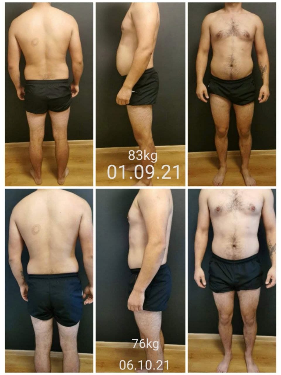 Mężczyzna prezentuje metamorfozę sylwetki: zestawienie zdjęć z przodu, z boku i z tyłu z datami 01.09.21 (83kg) i 06.10.21 (76kg), ukazujące redukcję wagi.