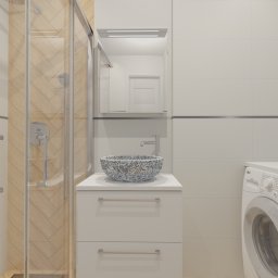 RemStart - Wizualizacja łazienki z kabiną prysznicową z drewnianymi akcentami, umywalką w dekoracyjną misę, białą szafką pod umywalką, pralką LG i grzejnikiem drabinkowym.