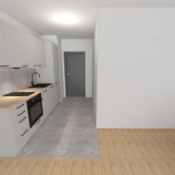 RemStart - Wizualizacja kuchni z szarymi szafkami, drewnianym blatem, betonowym panelem nad blatem i czarną armaturą, na podłodze połączenie płytek imitujących beton z panelami drewnianymi.