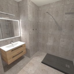 RemStart - Nowoczesna łazienka z szarymi płytkami imitującymi kamień, drewnianą szafką pod umywalką z białym blatem, podświetlanym lustrem i kabiną prysznicową typu walk-in z czarnym brodzikiem.