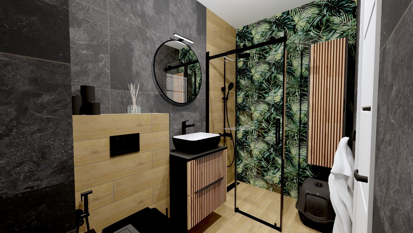 Wizualizacja nowoczesnej łazienki z czarną umywalką nablatową, okrągłym lustrem z podświetleniem LED, kabiną prysznicową z motywem tropikalnych liści i drewnianymi akcentami.