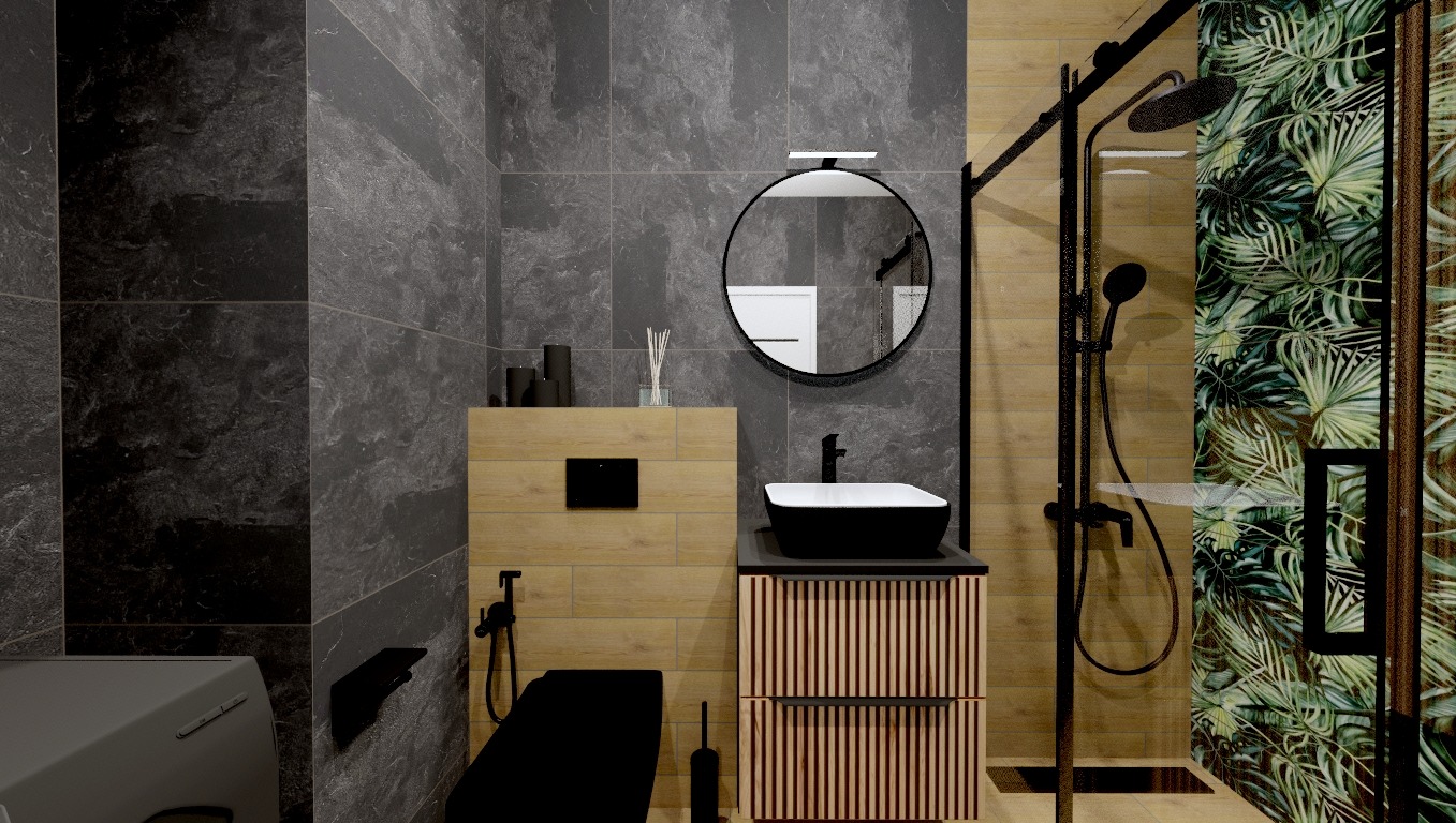 Nowoczesna łazienka z czarną armaturą, umywalką nablatową i kabiną prysznicową z motywem roślinnym, wykończona płytkami w odcieniach szarości i drewna.