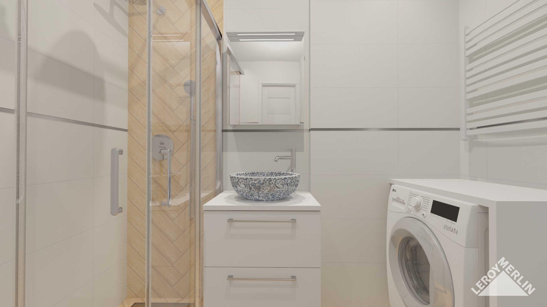 Wizualizacja łazienki z kabiną prysznicową z drewnianymi akcentami, umywalką w dekoracyjną misę, białą szafką pod umywalką, pralką LG i grzejnikiem drabinkowym.