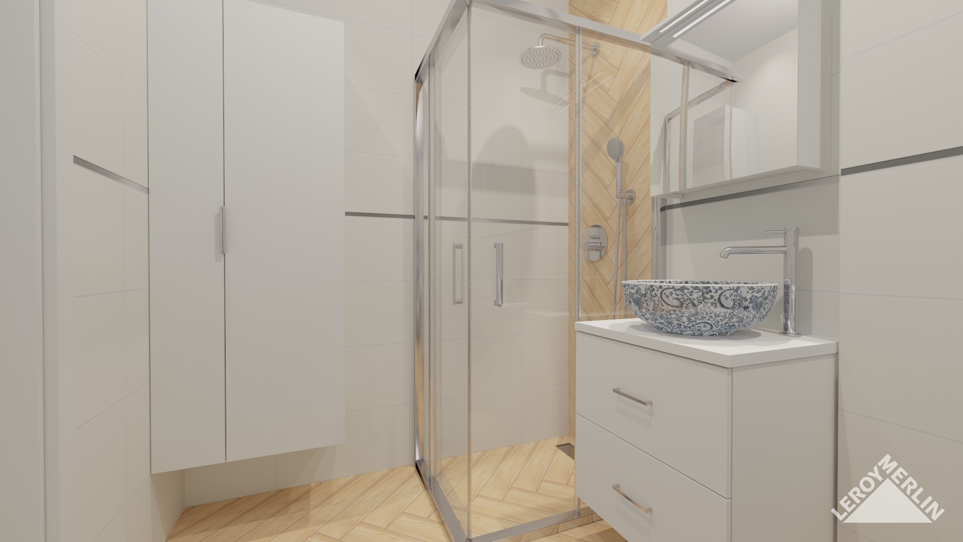 Wizualizacja nowoczesnej łazienki w Poznaniu z kabiną prysznicową, umywalką w dekoracyjną misę i białymi szafkami, wykończonej płytkami w jasnych odcieniach.