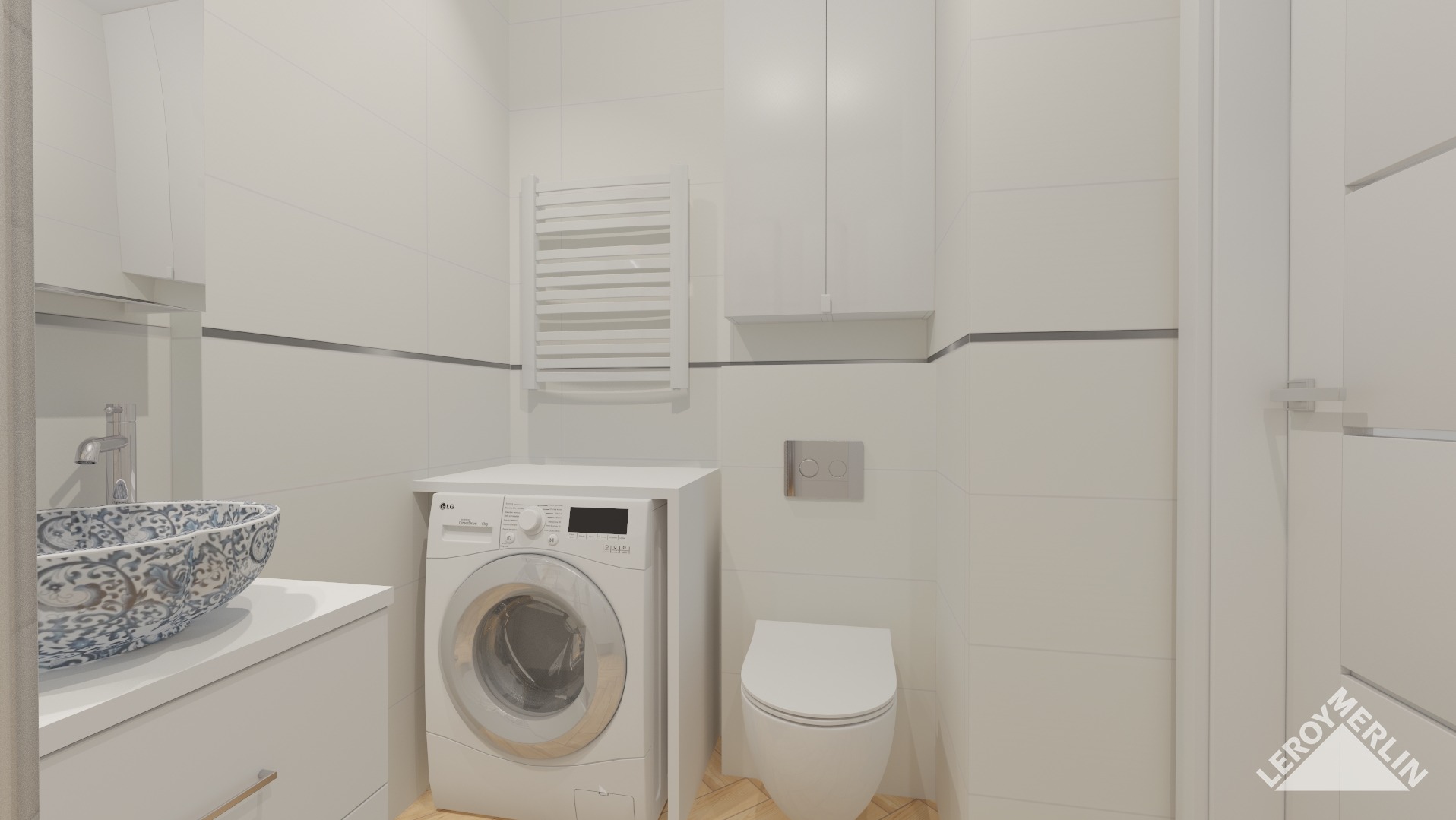 Jasna łazienka z umywalką w stylu retro, pralką LG, grzejnikiem drabinkowym i toaletą, wykończona białymi płytkami z delikatnym szarym akcentem.
