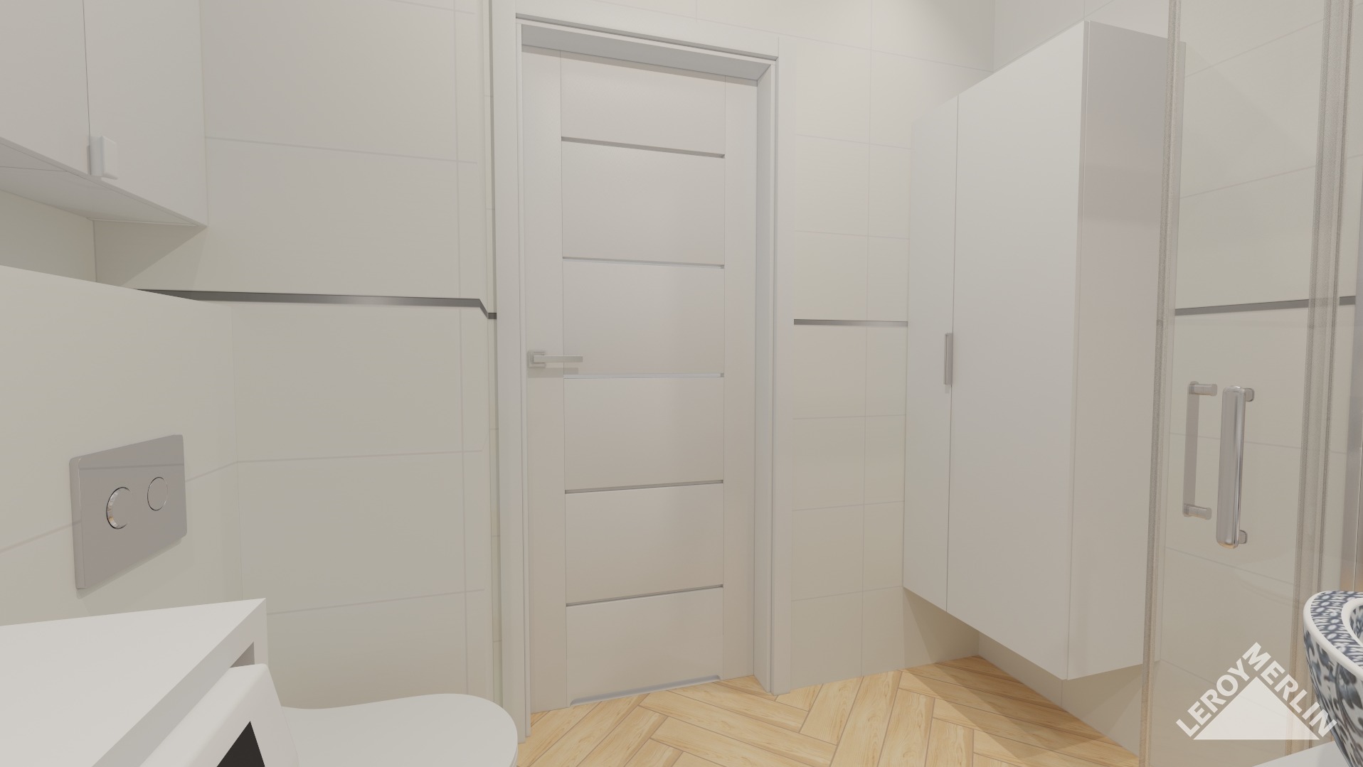 Nowoczesna, jasna łazienka z białymi płytkami, drewnianą podłogą w jodełkę i minimalistyczną armaturą, widoczna biała szafka pod umywalką, wisząca szafka, drzwi wewnętrzne z poziomymi frezami...