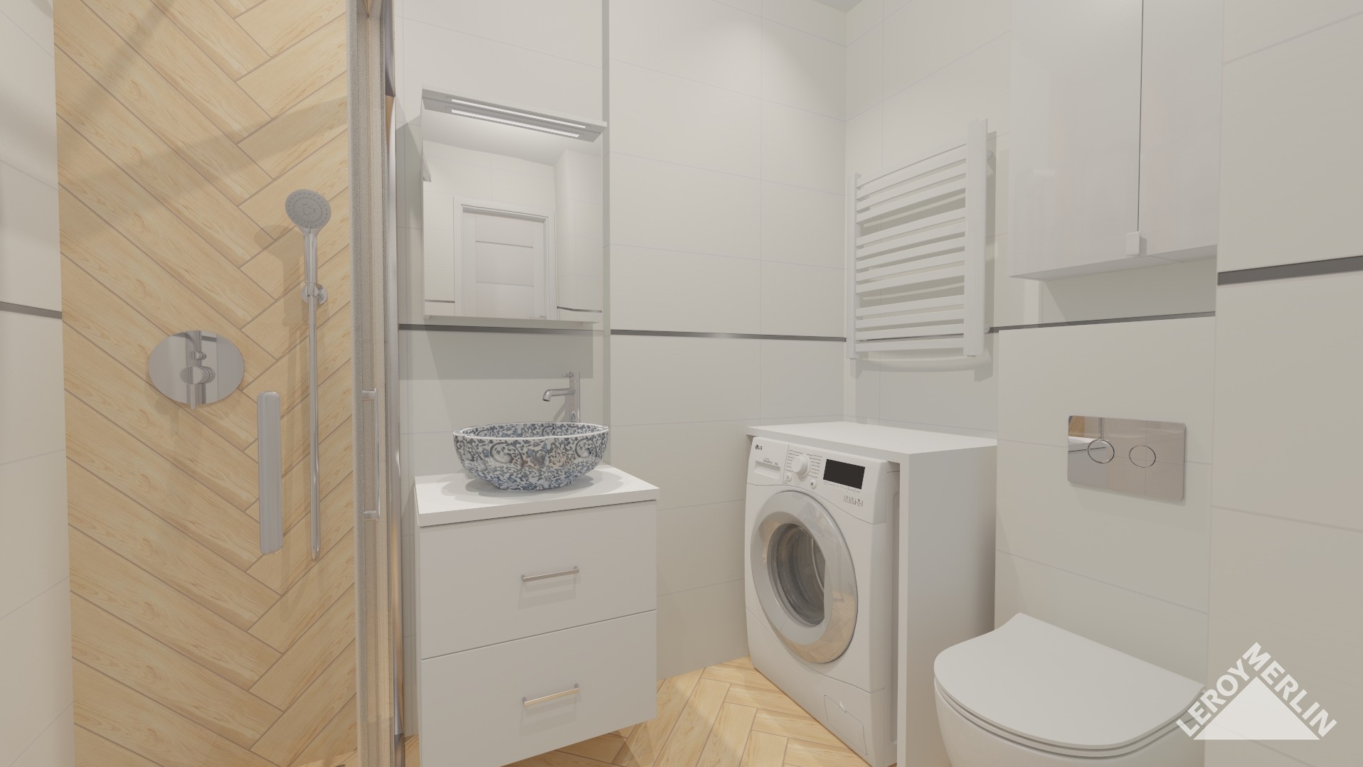 Wizualizacja nowoczesnej łazienki z umywalką w stylu vintage, kabiną prysznicową z drewnopodobnymi panelami ułożonymi w jodełkę, białą pralką i grzejnikiem drabinkowym.