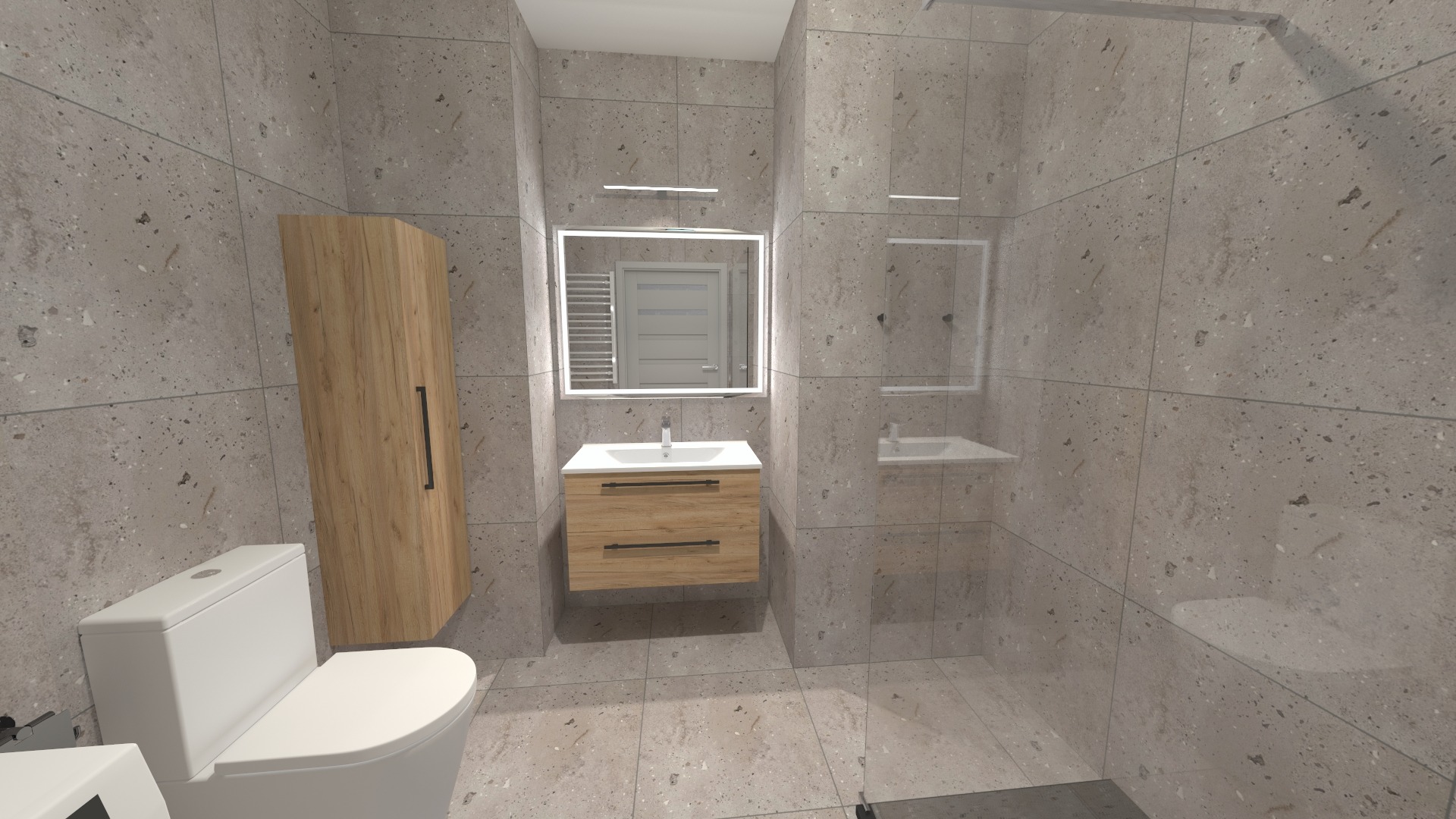 Wizualizacja łazienki z toaletą, szafką z umywalką z drewnianym frontem, wysoką szafką i kabiną prysznicową, wykończona płytkami w odcieniach szarości.