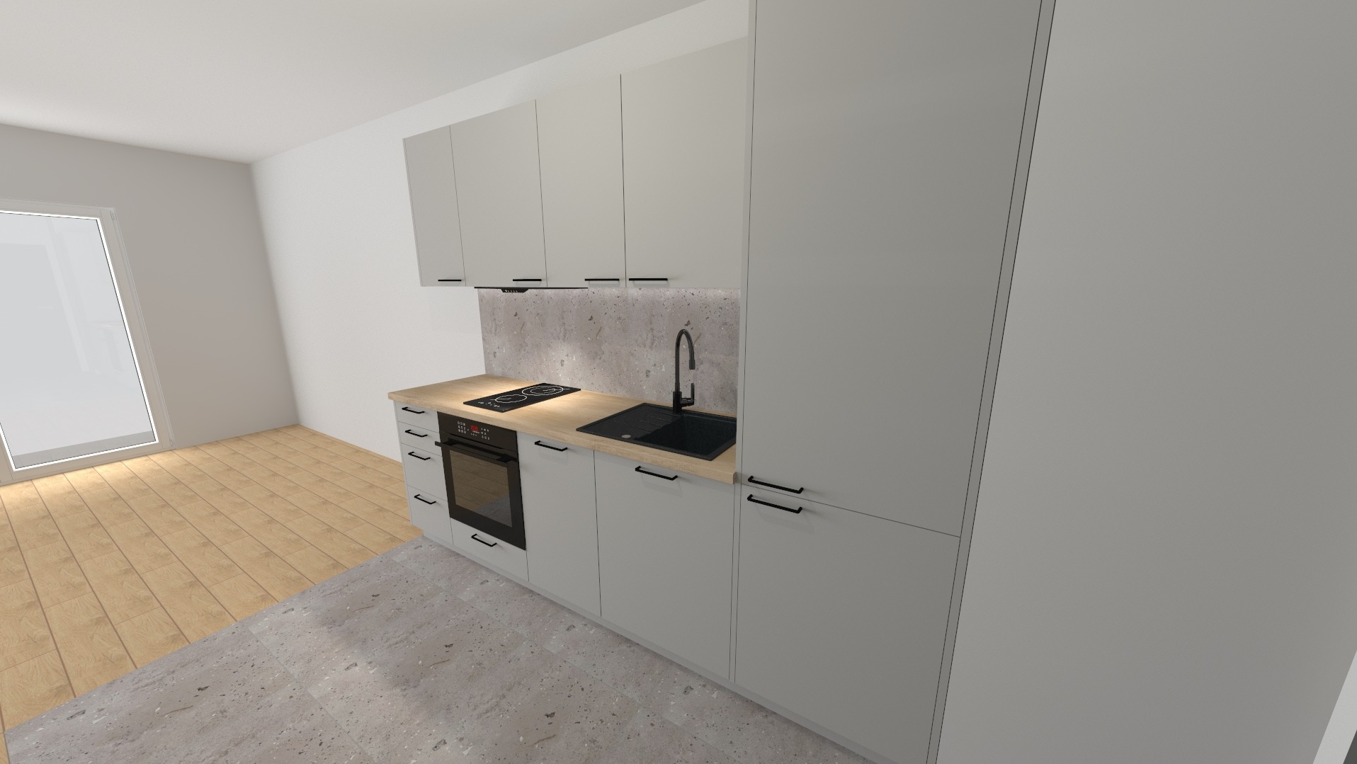 Wizualizacja minimalistycznej kuchni z szarymi szafkami, drewnianym blatem i czarnym zlewem oraz płytą indukcyjną, na tle ściany z efektem betonu.