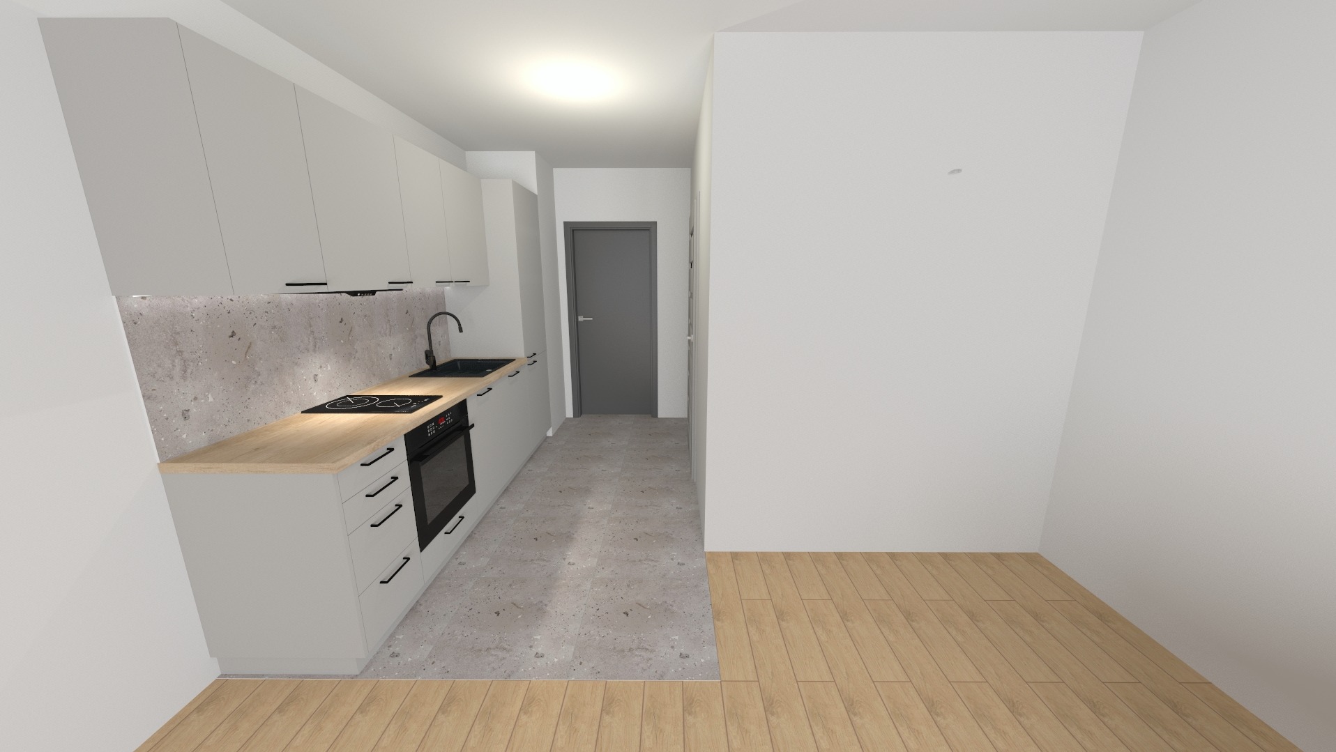 Wizualizacja kuchni z szarymi szafkami, drewnianym blatem, betonowym panelem nad blatem i czarną armaturą, na podłodze połączenie płytek imitujących beton z panelami drewnianymi.