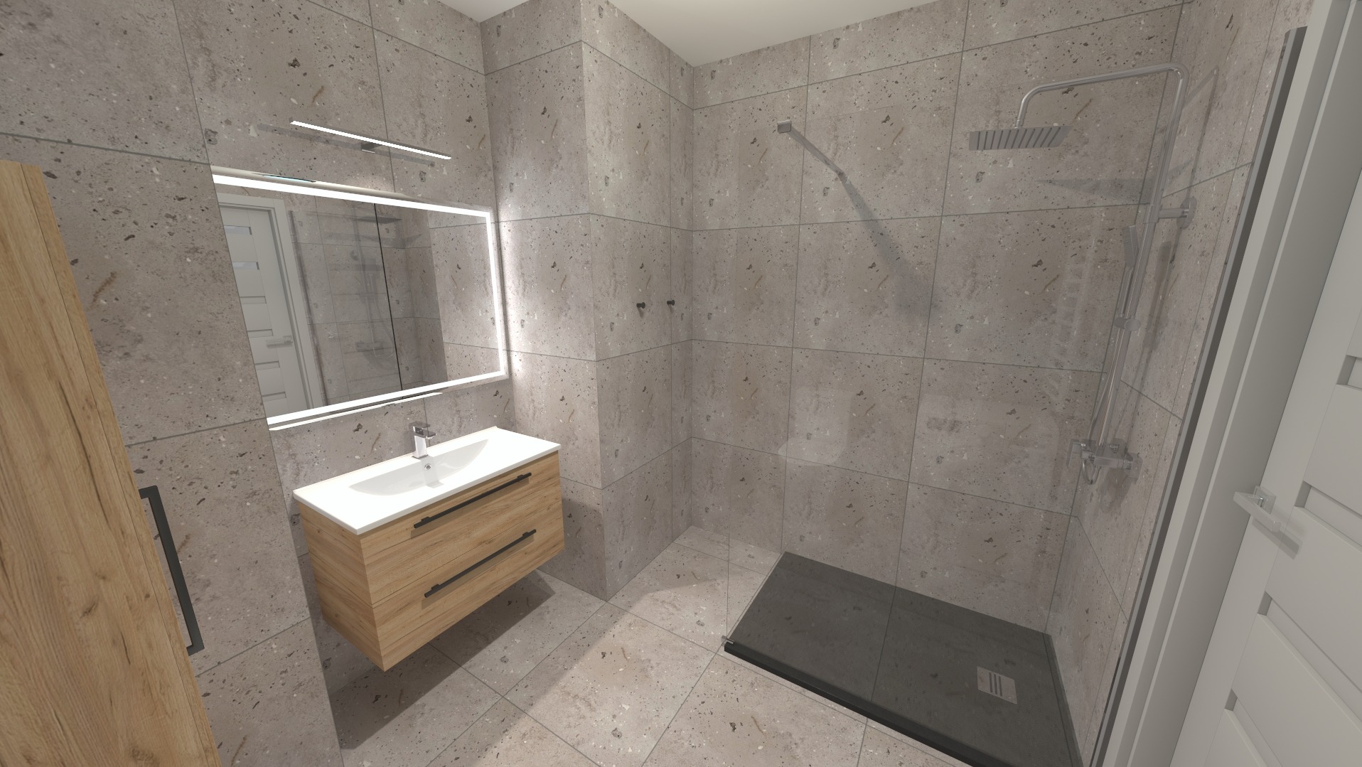 Nowoczesna łazienka z szarymi płytkami imitującymi kamień, drewnianą szafką pod umywalką z białym blatem, podświetlanym lustrem i kabiną prysznicową typu walk-in z czarnym brodzikiem.