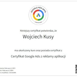 Certyfikat Google Ads z reklamy aplikacji