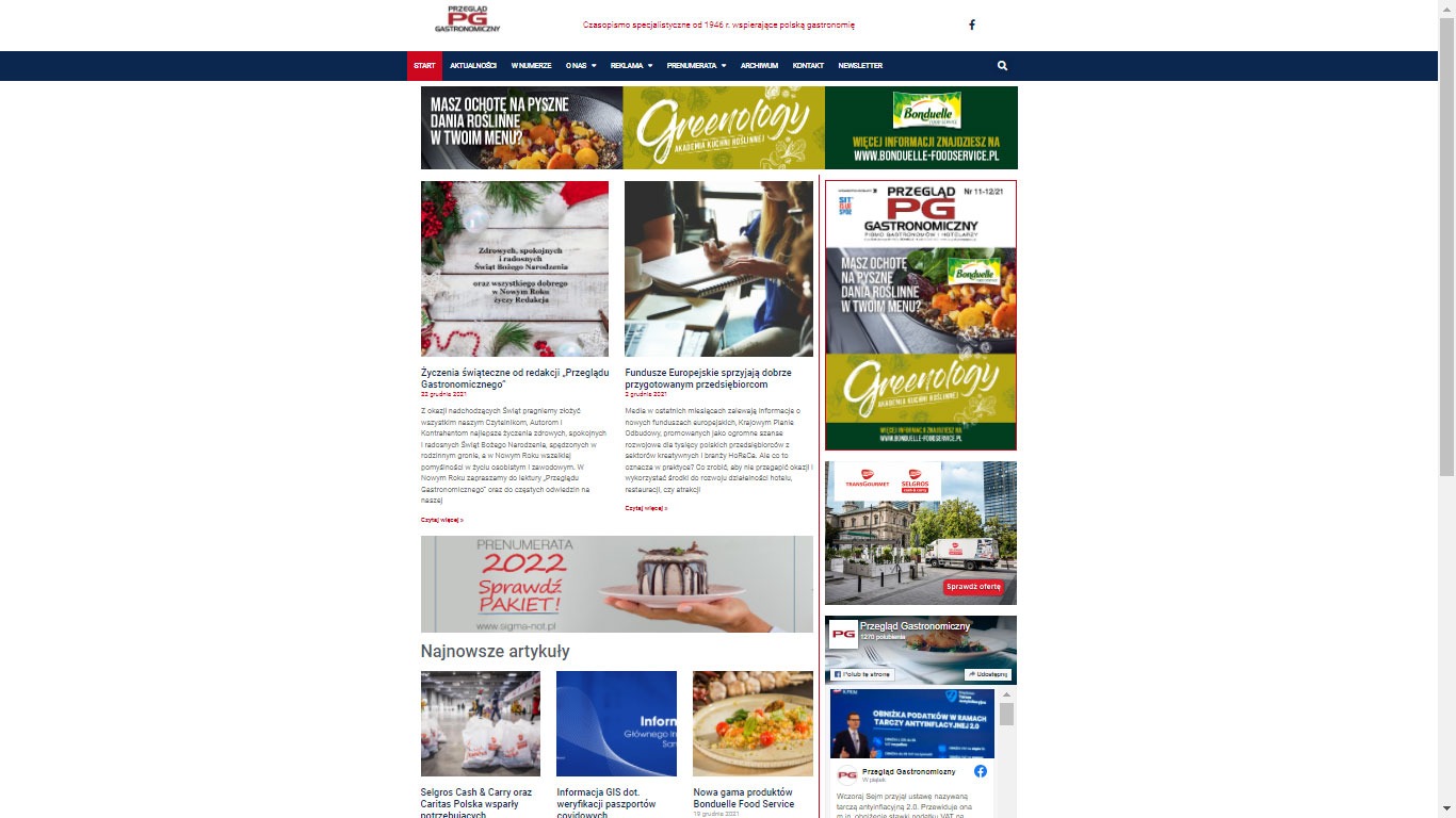 Strona internetowa Przeglądu Gastronomicznego, czasopisma specjalistycznego wspierającego polską gastronomię od 1946 roku, z aktualnościami, reklamami i możliwością prenumeraty.