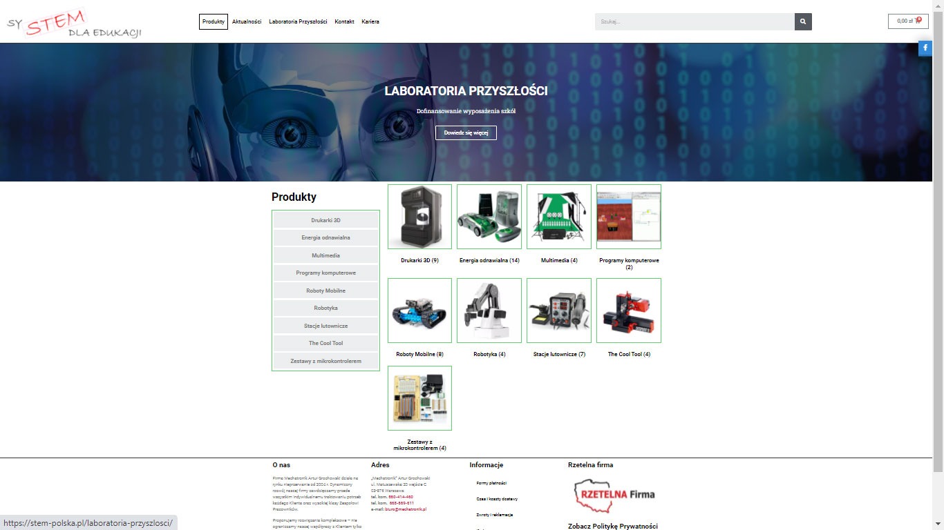 Strona internetowa firmy STEM Polska prezentująca ofertę laboratorium przyszłości z robotami, drukarkami 3D, multimediami i zestawami mikrokontrolerów, z nagłówkiem 'Laboratoria Przyszłości'...