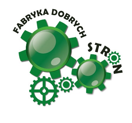 Logo firmy 'Fabryka Dobrych Stron' przedstawione jako zielone koła zębate o różnej wielkości.