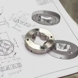 Metalowy element z czterema otworami leżący na rysunku technicznym z wymiarami i schematami, widoczne detale obróbki.