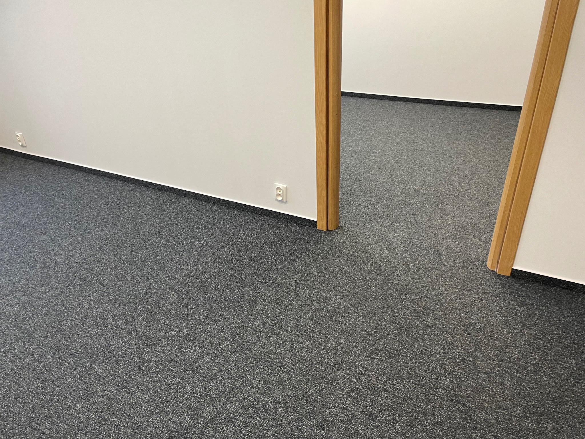 Szara wykładzina dywanowa w biurze, widok na dwa pomieszczenia przez drewniane ościeżnice drzwiowe, gładkie białe ściany z gniazdkami elektrycznymi.
