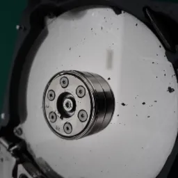 Wnętrze otwartego dysku twardego z widocznymi talerzami i głowicą, pokryte drobnymi zabrudzeniami.