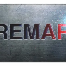 Metalowa tablica z nazwą firmy 'REMAR', gdzie ostatnia litera 'R' jest spawana, a iskry rozbryzgują się wokół niej. Pozostałe litery mają teksturę spoiny.