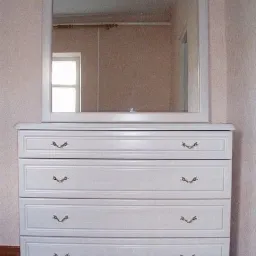 Biała komoda z czterema szufladami i dużym lustrem w kształcie łuku, z metalowymi uchwytami w stylu vintage, odbijająca wnętrze pokoju z oknem.