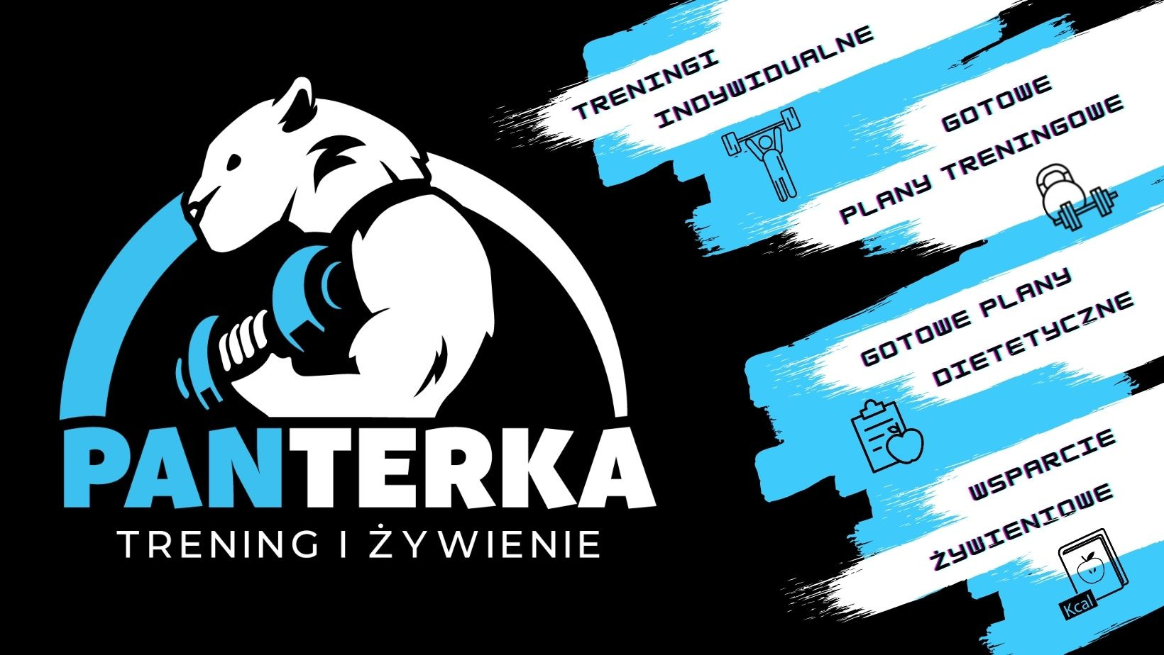 Logo firmy Panterka oferującej treningi indywidualne, gotowe plany treningowe, gotowe plany dietetyczne oraz wsparcie żywieniowe, przedstawiające białego niedźwiedzia z niebieskim hantlem...