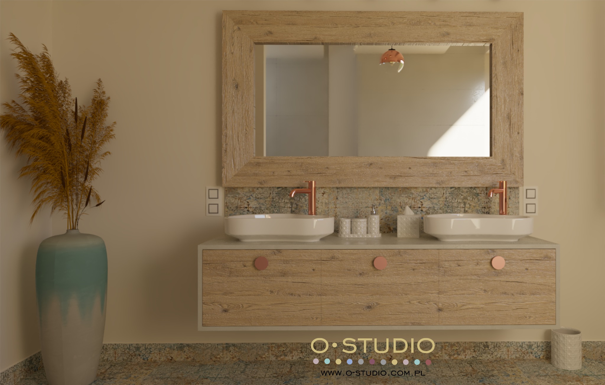Wizualizacja łazienki z podwójną umywalką nablatową, drewnianą szafką wiszącą z okrągłymi uchwytami w kolorze miedzi, lustrem w szerokiej drewnianej ramie i dekoracyjnym wazonem z suszem obok.