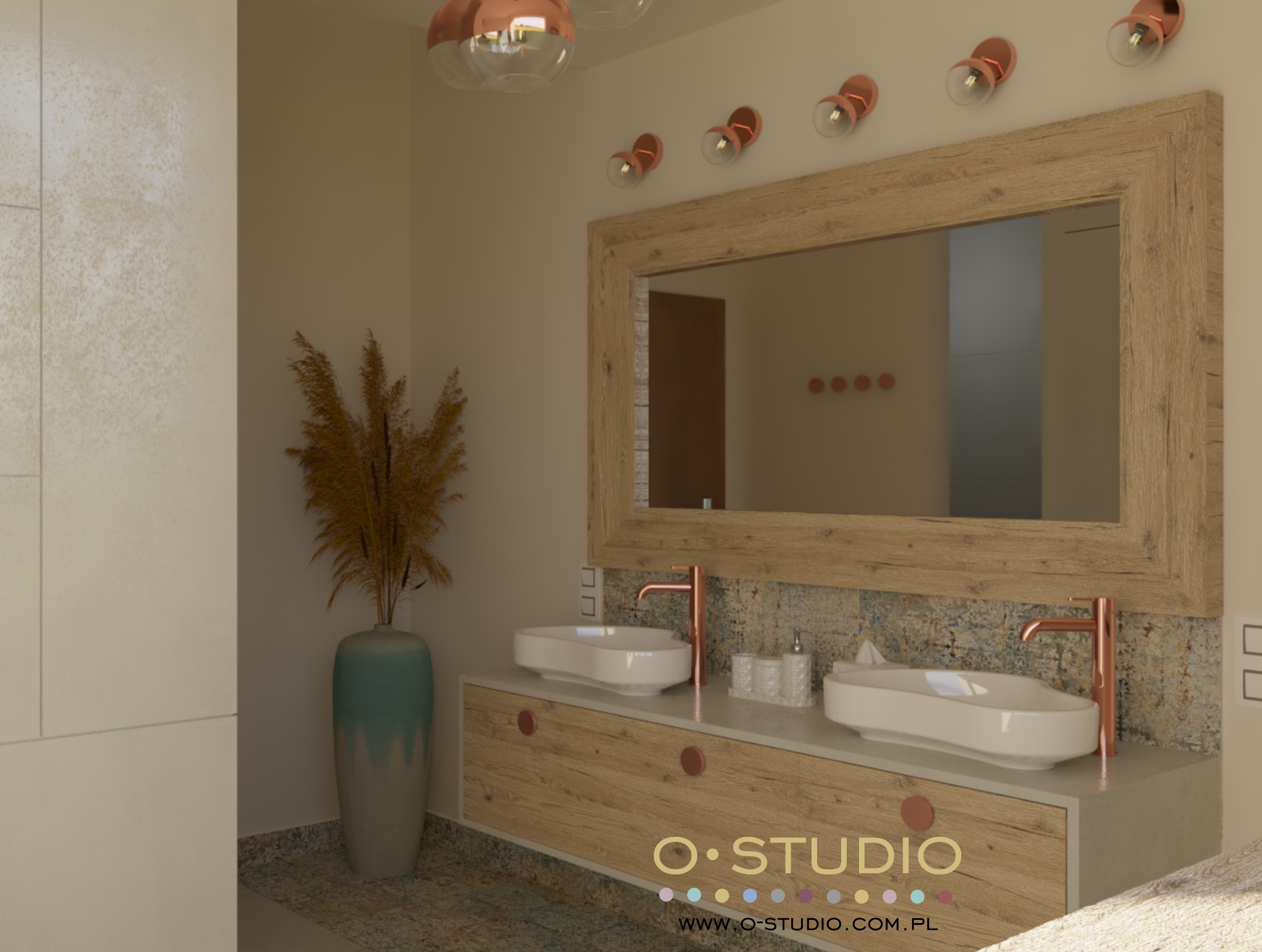 Wizualizacja łazienki z dwoma białymi umywalkami nablatowymi, drewnianą szafką pod umywalkami z okrągłymi uchwytami, lustrem w drewnianej ramie, miedzianą armaturą i oświetleniem, oraz wysokim...