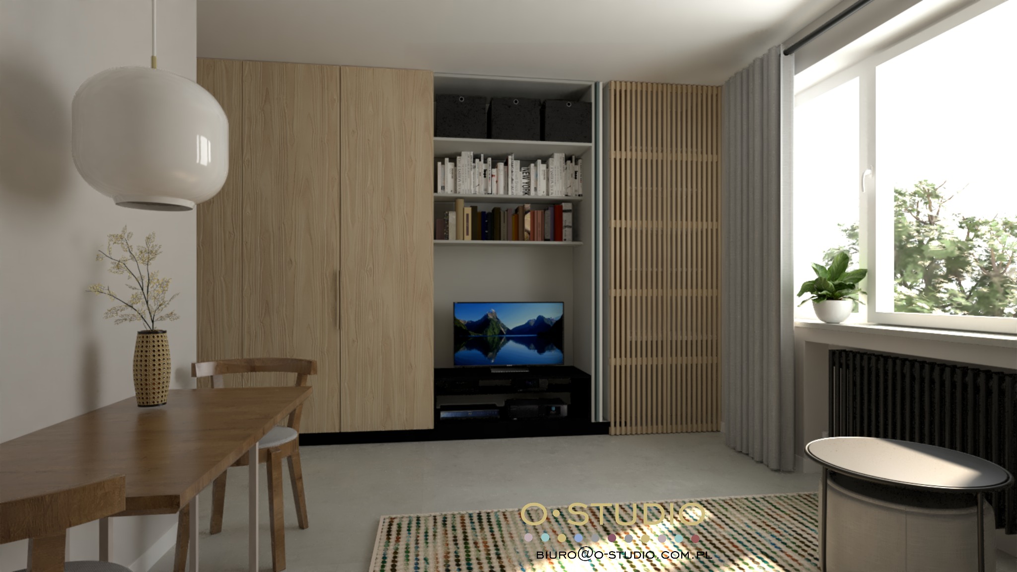 Wizualizacja wnętrza: Stół z krzesłami i wazonem z kwiatami na pierwszym planie, w tle szafa z drewnianymi frontami, regał z książkami i telewizorem, zasłonięte okno z widokiem na zieleń.