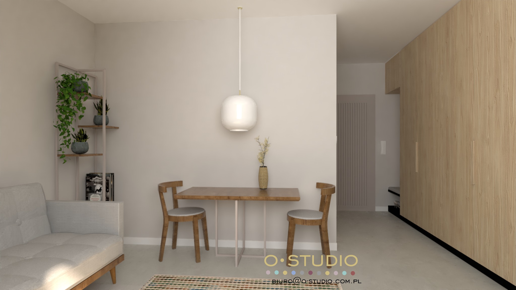 Wizualizacja pokoju dziennego: sofa z szarej tkaniny, drewniany stół z dwoma krzesłami, lampa wisząca z białym kloszem, regał z roślinami i książkami, ściana z paneli drewnianych.