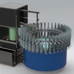 Wizualizacja 3D turbiny gazowej z licznymi łopatkami zamontowanymi na niebieskim cylindrze, umieszczonymi obok czarnej ramy z zielonym pojemnikiem wewnątrz.