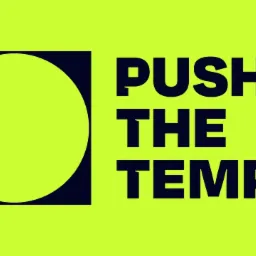 Grafika w odcieniach neonowej zieleni i granatu z napisem 'PUSH THE TEMPO' obok okręgu wpisanego w kwadrat.