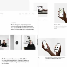 Układ strony internetowej z minimalistycznym designem, prezentujący portfolio projektów cyfrowych, w tym interfejsy mobilne i desktopowe.