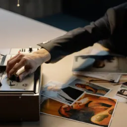 Mężczyzna w garniturze przewija taśmę w magnetofonie szpulowym; na stole leżą zdjęcia osób.