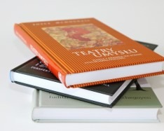 Stos książek z twardą oprawą na białym tle, z widocznymi tytułami i okładkami w różnych kolorach: pomarańczowym, czarnym, szarym i zielonym.