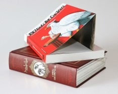 Stos książek w Łodzi: brązowa, oprawiona w skórę książka z wytłoczonym ornamentem na okładce, na niej biała książka, a na wierzchu czerwona książka z ilustracją lecącego ptaka, ustawiona pod kątem.