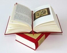 Otwarta, szyta książka w twardej, czerwonej oprawie, z zakładką, leżąca na zamkniętej książce o podobnej oprawie. Na rozkładówce widoczna strona z tekstem i ilustracja haftu.