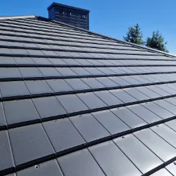 Nowy dach pokryty szarą dachówką ceramiczną, widoczny komin i fragmenty drzew na tle błękitnego nieba.