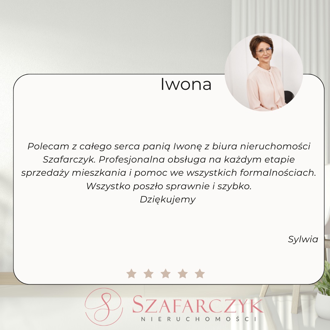 Referencje dla Iwony Szafarczyk z biura nieruchomości z oceną pięciogwiazdkową, zawierające podziękowanie za profesjonalną obsługę przy sprzedaży mieszkania.